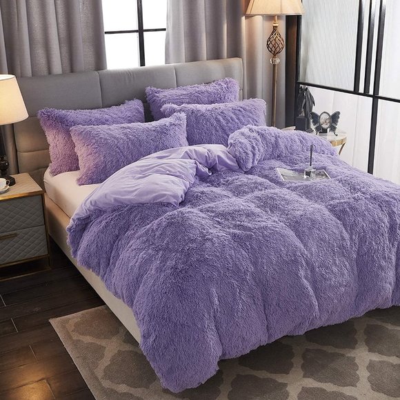 Shaggy Fluffy Faux Fur Duvet Cover Set Button Closure Velvety Bedding Se…